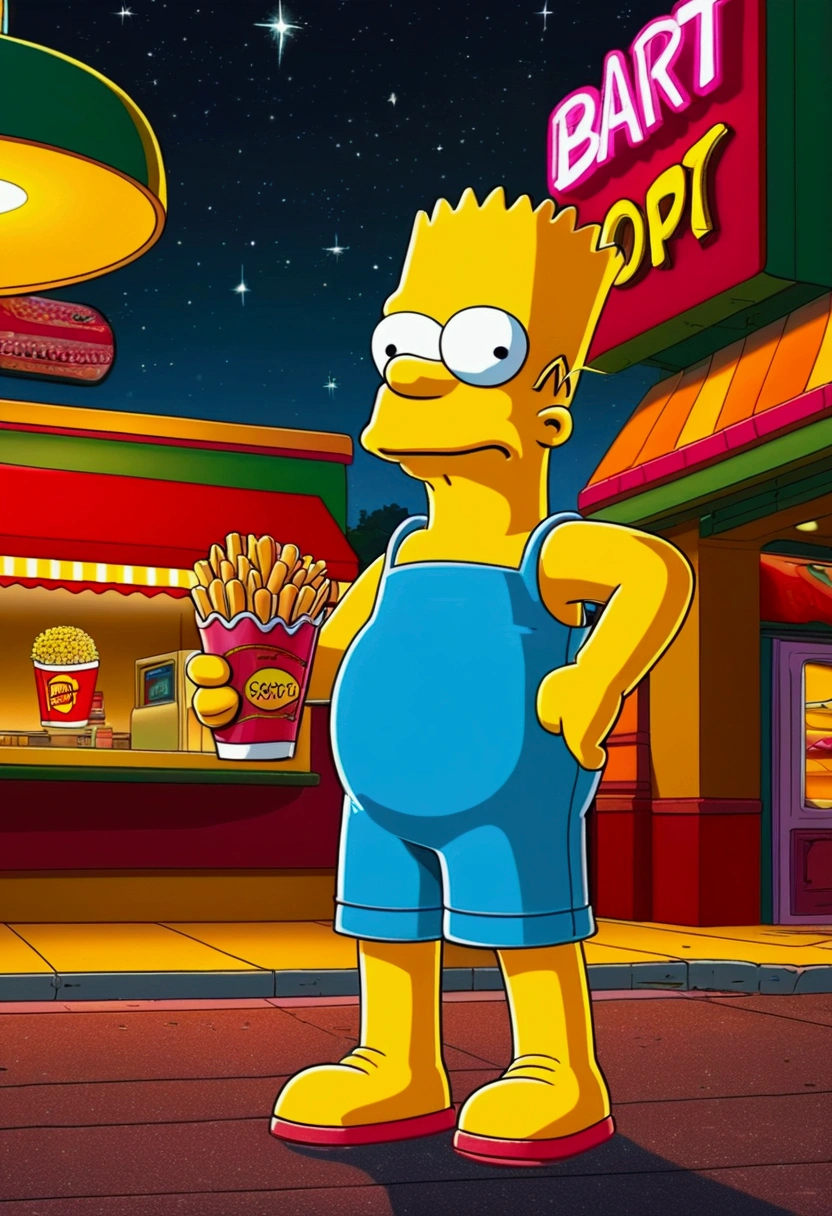 Fast Food Worker, Bart Simpson, night, full body, cinematic still, cinemascope, best quality, masterpiece, very aesthetic, perfect composition, intricate details, ultra-detailed, vivid colors