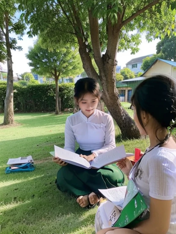 Myanmar school girl and school teacher with bag.background is village and stream.((see through clothes)).upper white and under green,no bra.behind the see.((without clothes.))