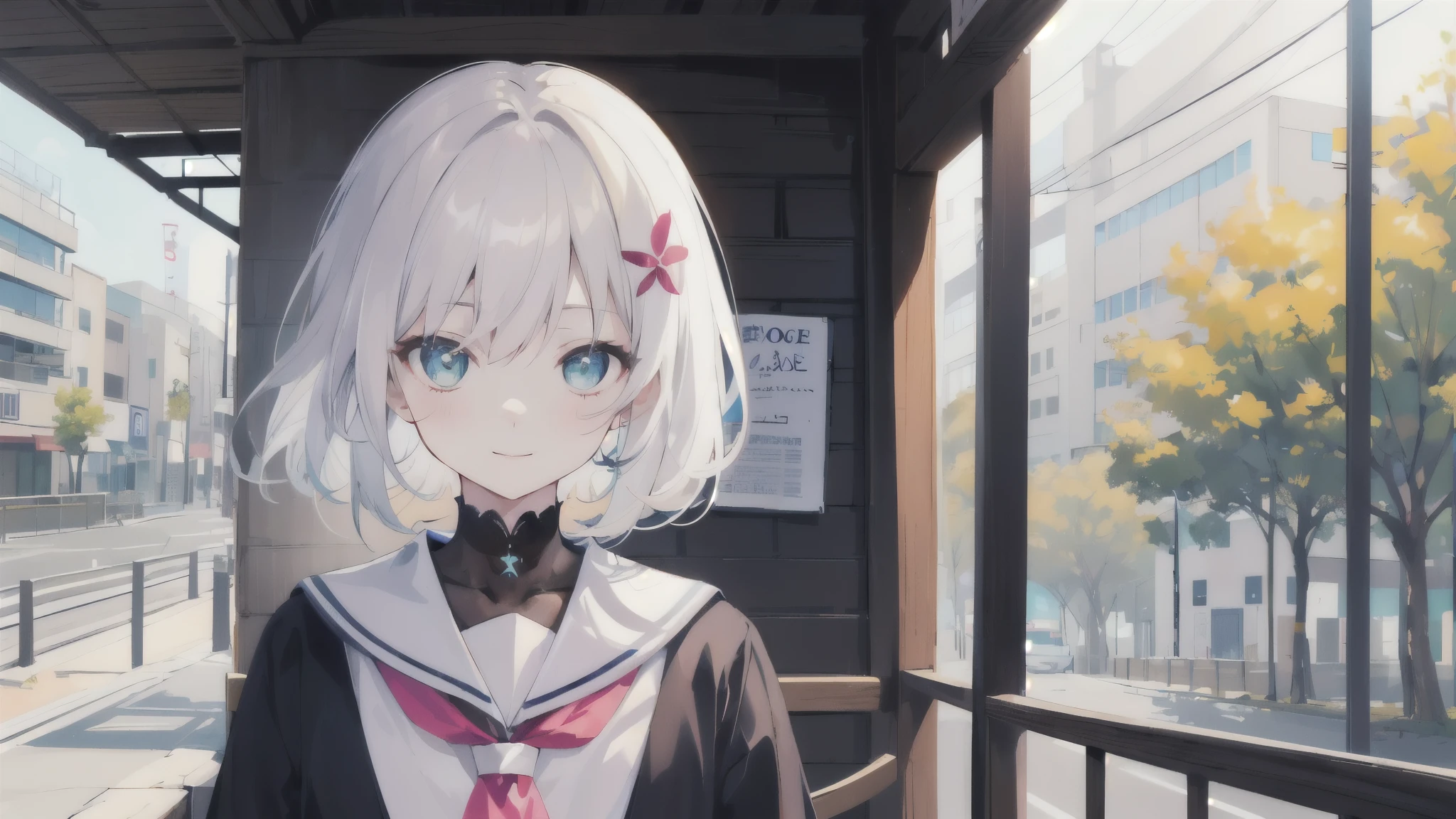 (upper_body:1.5), close, cherry_flower, Outdoor, Day, spring_\(season\), 1 Girl, smile, 一人in, 前hair, green_eye, blush, closed_mouth, looking for_in_Audience, length_hair, brown_hair, branch, eyebrow_appear_Through_hair, floining_hair,hair_between_eye, green_crew_collar, Seraphim, length_Dispel, neckerchief, pleined skirt, pink_flower, flowerびら, wood, white_shirt, Wind, handrail, null , I have a guitar, whiteいハイソックスを履いてブラウンの革靴を履いている