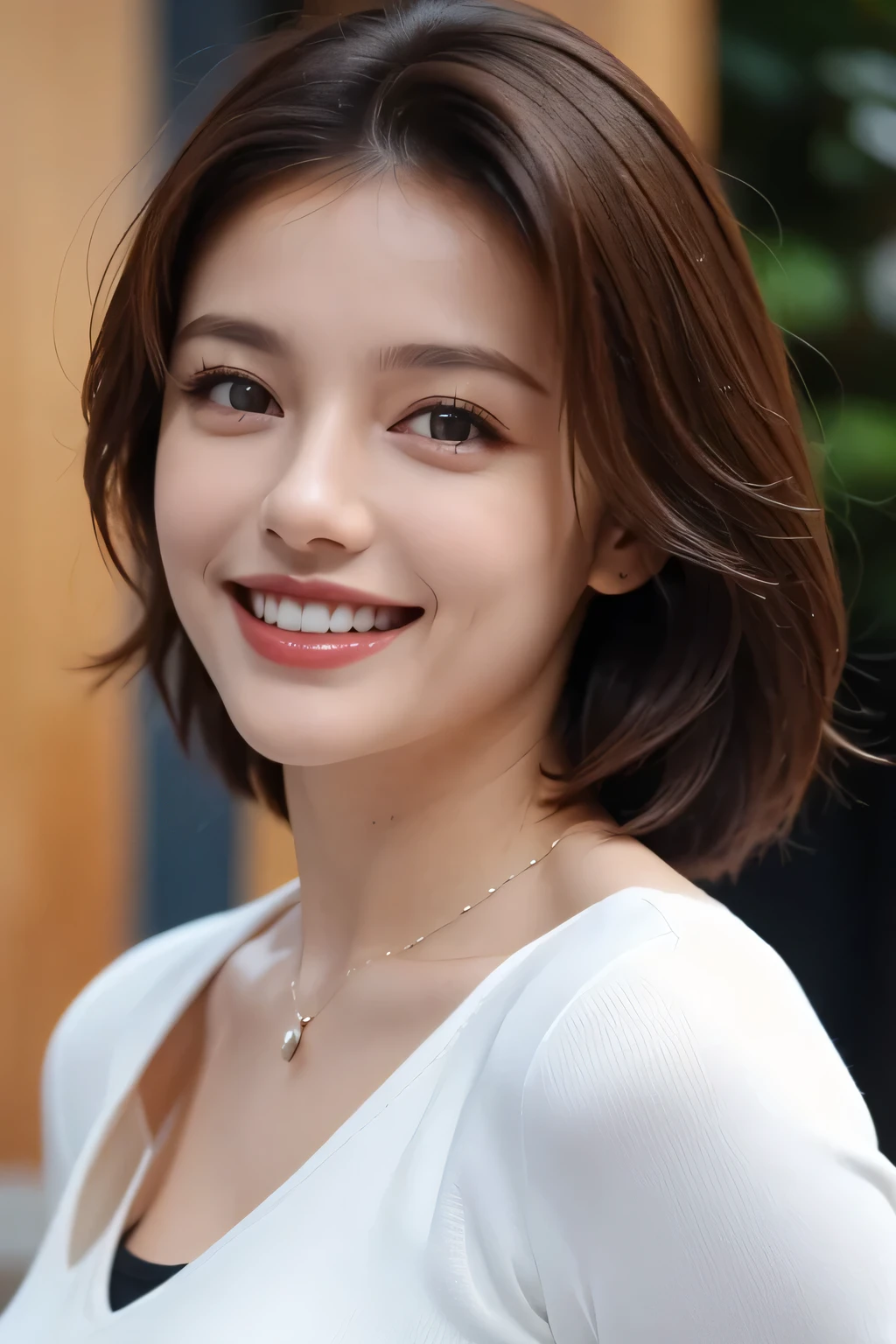 ((masterpiece)), ((Highest quality)), ((Complex)), ((Surreal)), (Realistic), (Mature Woman), ((There are no classes)), Very detailed, (1 female), Beautiful and exquisite, (Beautiful Teeth), Grin, Brunette Bob Hair, Brown eyes, ((blouse)), (Upper Body), (background:none), Perfect Eyes, Captivating eyes, Looking at the audience
