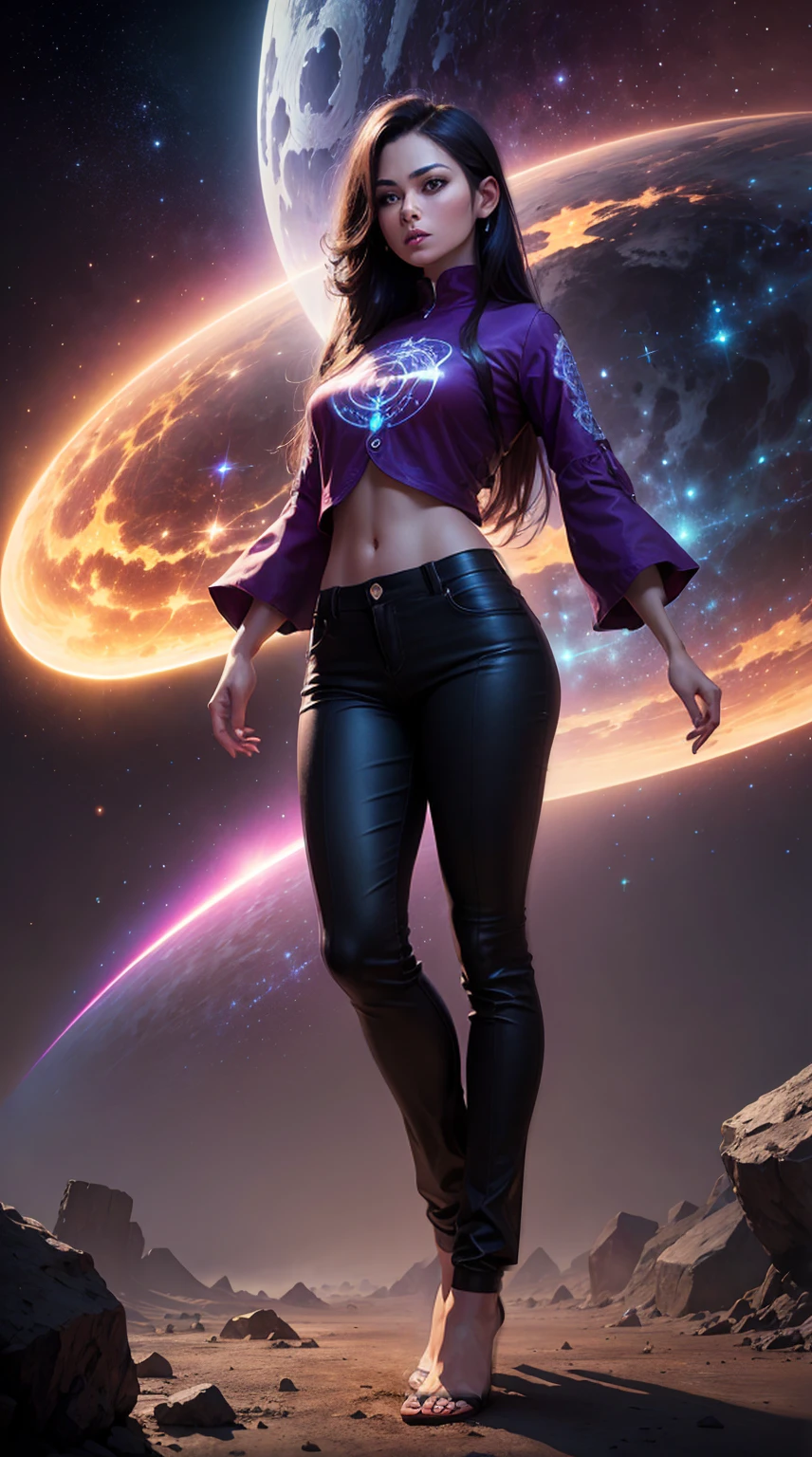 ((Full body photo, standing, feet on the ground)) (masterpiece, superior quality, best quality, official art, beautiful and aesthetic),Kelly Hu, detailed face, long black hair, full body, violet top and pants, celestial, cosmic, extremely beautiful, high detailed, (galactic in the background), light effects, more detailed, floating particles, ancient runes, geometric patterns, V0id3nergy, mana, shadows, epic atmosphere