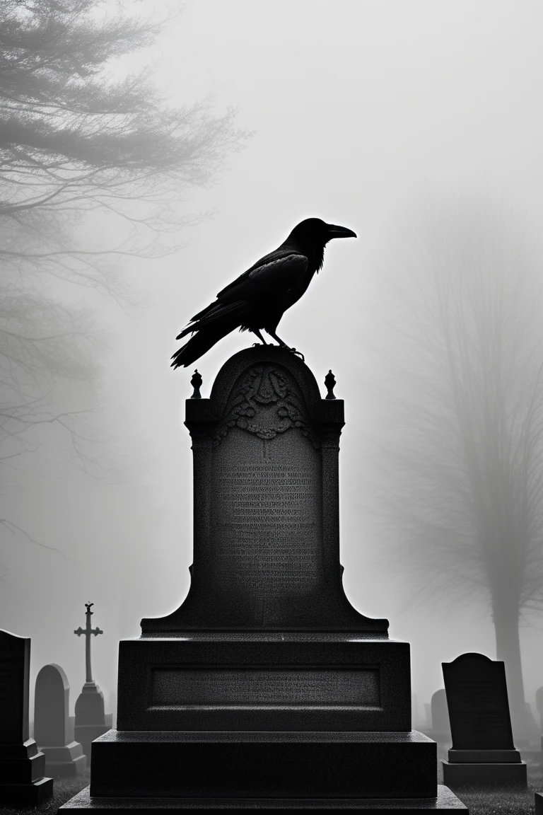 The silhouette of a raven perched atop a gravestone, its cry piercing the silence of
a foggy cemetery, the moment captured in a photograph that feels like a gateway to
the afterlife, raw and unedited, the essence of horror distilled.