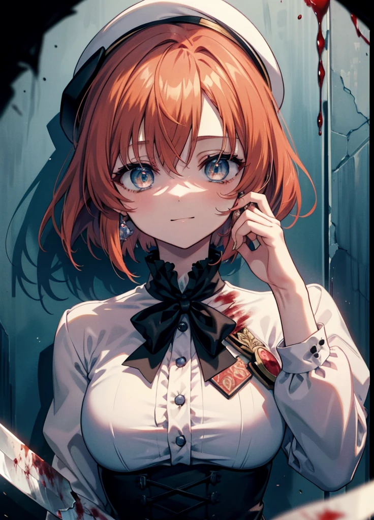 Ryugu Rena, Rena Ryuuguu, Orange Hair, short hair, Hair Blue Eyes, smile, There are still blood stains on the wall,spooky, Dead Eyes,A grinning man holding a Bloodstained knife in one hand.,Bloodstained beret,Bloodstained,Drops of blood,There was blood splattered all over the room..,spooky笑い, Dead Eyes,Psychopath horror,Bloodstained clothes,Drops of blood,spooky,murder scene, Serial killer, bathed in blood,Clothes with blood on them,Bloodstained black suit jacket, Bloodstained collared jacket,Blood stained white dress shirt, Shirt with blood on the collar, Neckline, button, strap, ID card on the neck, Bloodstained 黒色ペンシルスカート,Bloodstained 黒色パンティストッキング,Bloodstained ピンヒール,Big Breasts,holding a Bloodstained knife grip,whole bodyがイラストに入るように,Shadowed face 、
break looking at viewer,whole body,
break indoors, office,
break (masterpiece:1.2), Highest quality, High resolution, unity 8k wallpaper, (shape:0.8), (Fine and beautiful eyes:1.6), Highly detailed face, Perfect lighting, Highly detailed CG, (Perfect hands, Perfect Anatomy),