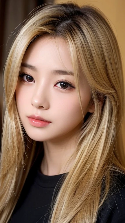 Highest quality、Japanese women、The most beautiful woman in the world、sexy、Blonde long hair hairstyle、Small face、Beautiful skin、night、Large breasts、Realistic、Black shirt、sexyなポーズ、sexyな表情