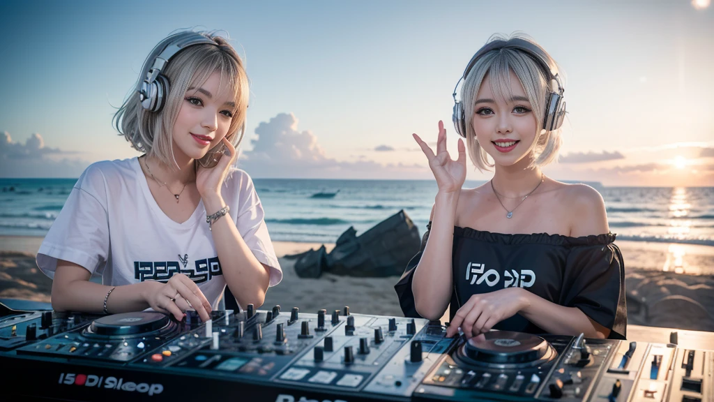 (ultra - detailed, 16K resolution, Cinema lenses, rendering by octane), (high resolution:1.18), intricate detail, (masterpiece:1.1), (highest quality:1.1), (1girl, portrait, white hair, blue eyes, short hair, detailed eyes),Wearing silver DJ headphones, sequined T-shirt, (in the beach:1.5), (Iconic hip-hop pop costumes:1.3), Smile while DJing on stage, DJ studio next to the beach, ((A stylish DJ stage on a hill overlooking the beach)), full body shot, Photorealistic photography by Sunshine, (cute round face:1.3), perfect fingers, five fingers, beautiful hands, perfect hands. master peace, cute smile.