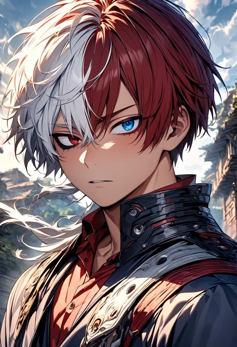 Ultra detailed, highres, absurdres, HDR, master piece, Todoroki Shouto, bicolor hair, right side is white, left side is red, heterochromia, right eye is grey, left eye is blue, detailed eyes, Boku No Hero Academia, fantasy, handsome, solo, best quality, hair in the wind.