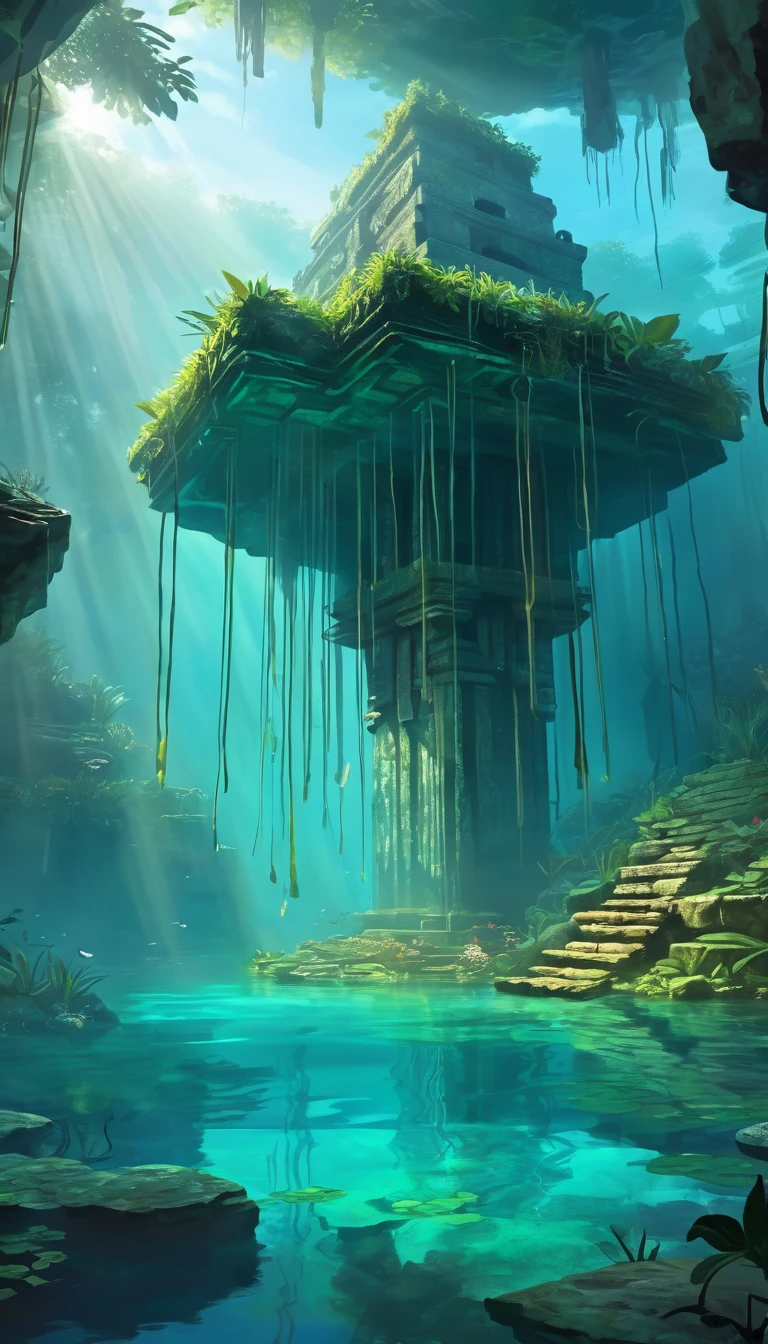 card "Sacred Cenote", sacred lake, used for rituals and sacrifices. Explore its depths and find ancient treasures.
Peculiarities: Underwater research, Ancient artifacts, mystical rituals. digital painting, location, location из игры, большая location, fog in the foreground, cute style, anime style, огромная игровая location, shimmering treasures, attention-grabbing