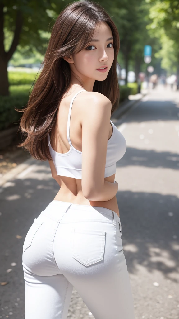 Actual, Highest quality, Natural light, Clear focus, girl, Perfect body, Slim Abs, Dark brown hair, White Crop Top, External, street, Super Face Slimming, Squint your eyes, double eyelid, Long legs, White flakes, White Jeans, Beautiful ass, Long limbs, protruding round buttocks, Way of walking