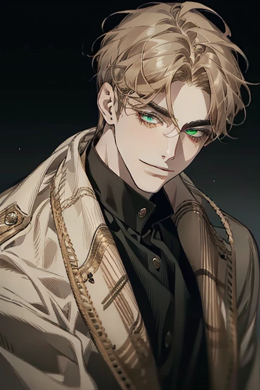 masterpiece, best quality, realistic, 1man, mature male, quiet and charming young man, 18 years old, smirk and look on the side, closed mouth, portrait, extremely detailed face, smirk, (dark green eyes), (short-side-swept sandy blonde hair)), [thick eyebrows], (detective clothing)