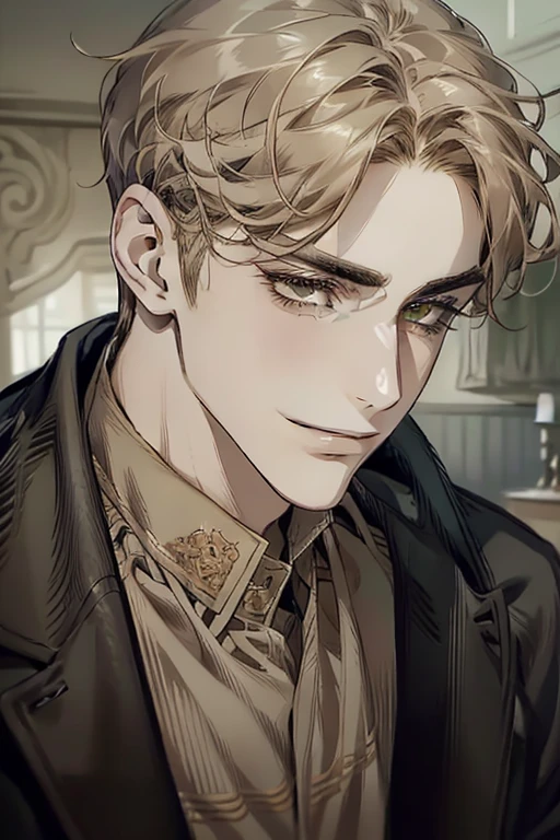 masterpiece, best quality, realistic, 1man, mature male, quiet and charming young man, 18 years old, smirk and look on the side, closed mouth, portrait, extremely detailed face, smirk, (dark green eyes), (short-side-swept sandy blonde hair)), [thick eyebrows], (detective clothing)