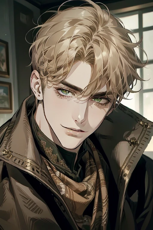 masterpiece, best quality, realistic, 1man, mature male, quiet and charming young man, 18 years old, smirk and look on the side, closed mouth, portrait, extremely detailed face, smirk, (dark green eyes), (short-side-swept sandy blonde hair)), [thick eyebrows], (detective clothing)