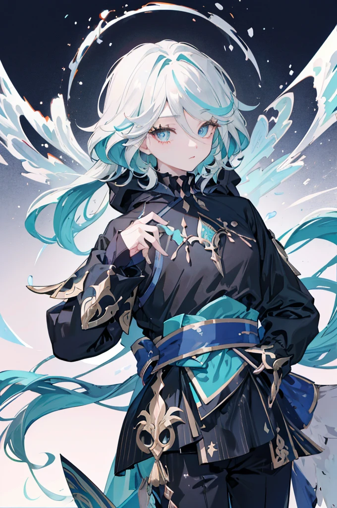 highest quality、highest quality、Super detailed、perfect face、very detailed、perfect human body、very delicate and detailed、1 boy、long black hair、hair is down to the waist、The ends of the hair are mint green、light blue eyes、Wearing a big black hoodie、black pants、night、detailed background