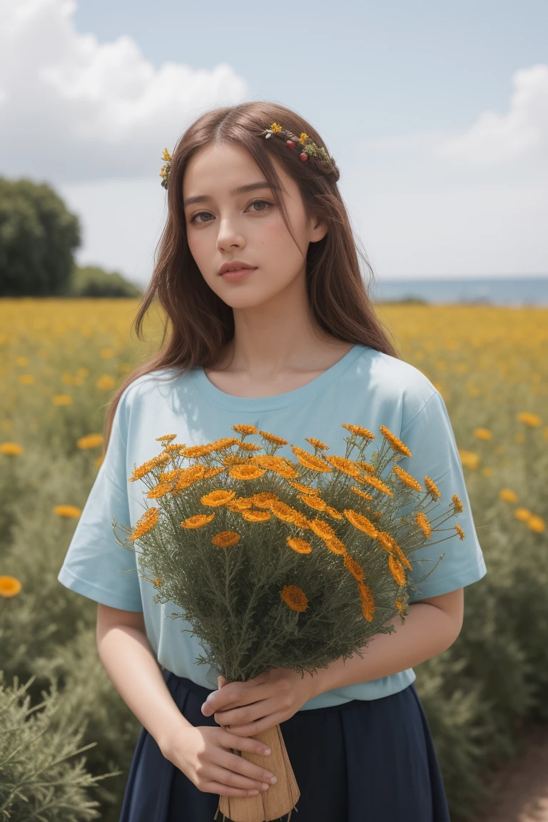 (fille:1.2),seul, (longs cheveux bouclés gingembre:1.1), yeux marrons, Porter une couronne de marguerites sur la tête, Asseyez-vous dans un champ de marguerites, (corbeille de fruits:1.1), short bleu, t-shirt rouge,,brut,photographique,ombres de photos,réel,ridicule,esthétique,élégant
Guadeloupéenne