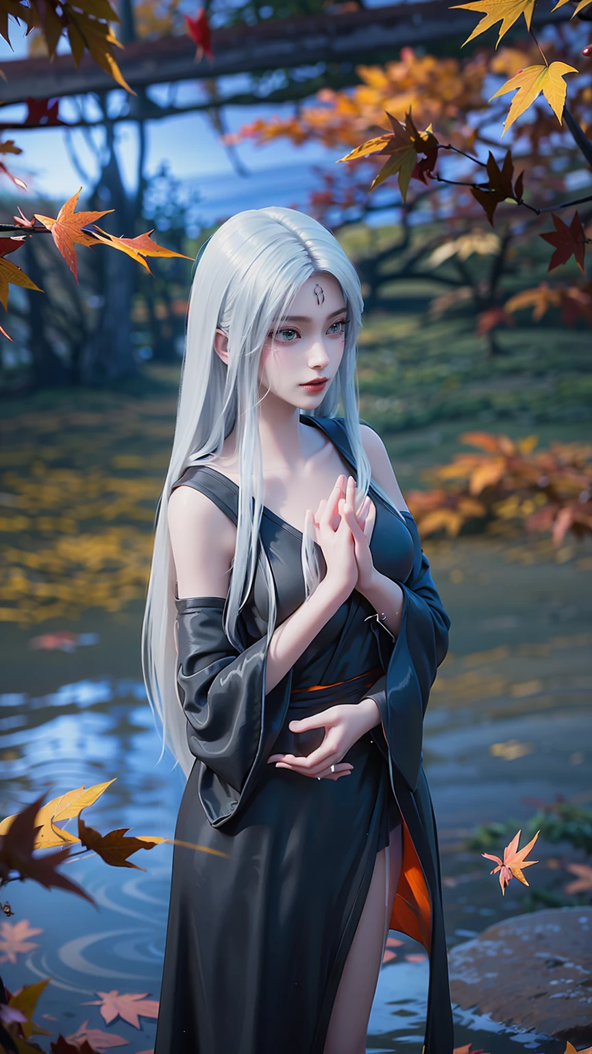 A girl bathes in water,While bathing,Water flowing over shoulders,No clothes,Put your hands on your chest,Cover your chest and with your hands,Autumn maple leaves shining on the water,(((White long hair))),(((Green eyes)),((Black robe)),((Place one hand on your chest))