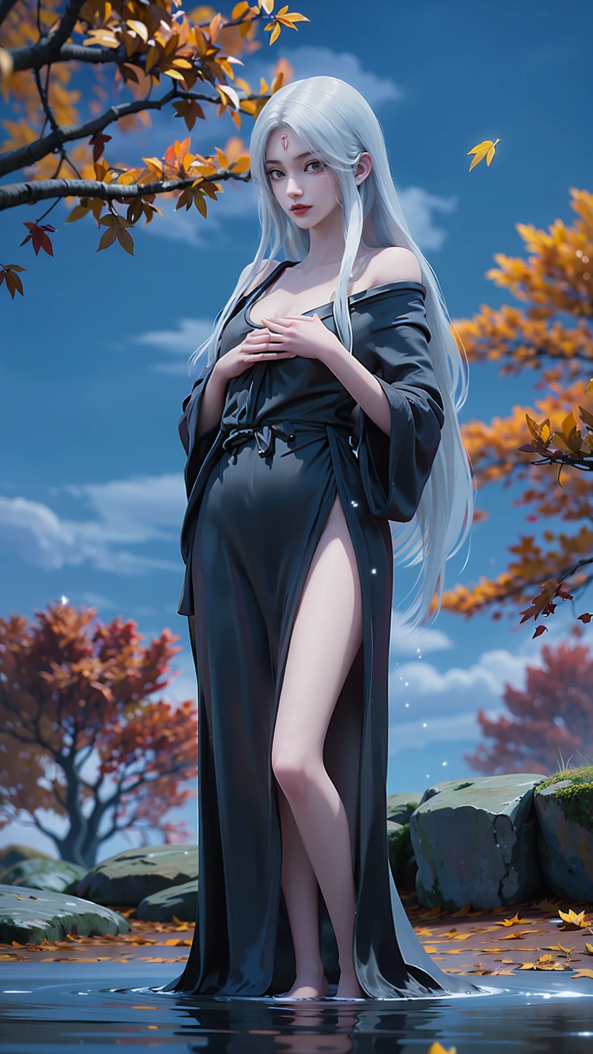 A girl bathes in water，While bathing，Water flowing over shoulders，No clothes，Put your hands on your chest，Cover your chest and with your hands，Autumn maple leaves shining on the water，(((White long hair)))，(((Green eyes))，((Black robe))，((Place one hand on your chest))