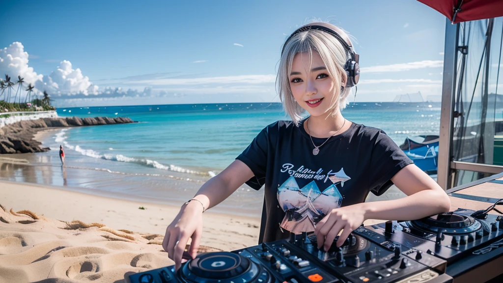 (ultra - detailed, 16K resolution, Cinema lenses, rendering by octane), (high resolution:1.18), intricate detail, (masterpiece:1.1), (highest quality:1.1), (1girl, portrait, white hair, blue eyes, short hair, detailed eyes),Wearing silver DJ headphones, sequined T-shirt, (in the beach:1.5), (Iconic hip-hop pop costumes:1.3), Smile while DJing on stage, DJ studio next to the beach, ((A stylish DJ stage on a hill overlooking the beach)), full body shot, Photorealistic photography by Sunshine, (cute round face:1.3), perfect fingers, five fingers, beautiful hands, perfect hands. master peace, cute smile.