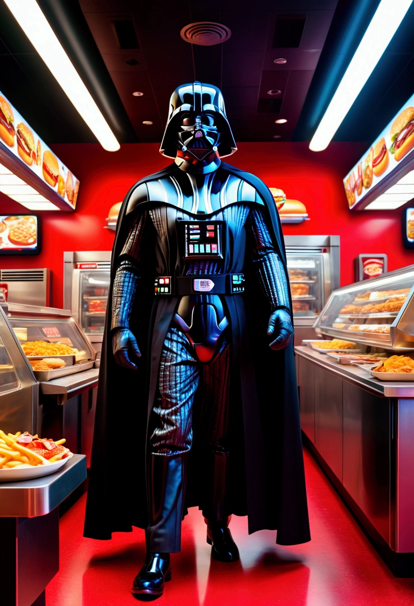 Fast Food Worker, Darth Vader, full body, cinematic still, cinemascope, best quality, masterpiece, very aesthetic, perfect composition, intricate details, ultra-detailed, vivid colors
