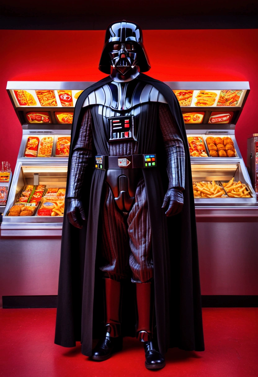 Fast Food Worker, Darth Vader, full body, cinematic still, cinemascope, best quality, masterpiece, very aesthetic, perfect composition, intricate details, ultra-detailed, vivid colors