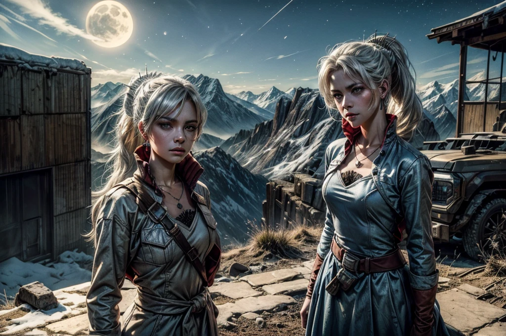(masterpiece, best quality:1.2), cowboy shot, weissvale, expressionless, closed mouth, looking at viewer, long white hair, side ponytail, scar above eye, military dress, jewelry, necklace, earrings, in city ruins on hill, crowd (crowd in military uniform), overlooking valley, BREAK night, stars, moon, snow, BREAK mountains in background, waterfall, vehicle wreck, , bonfires, post-apocalypse, dystopian future,