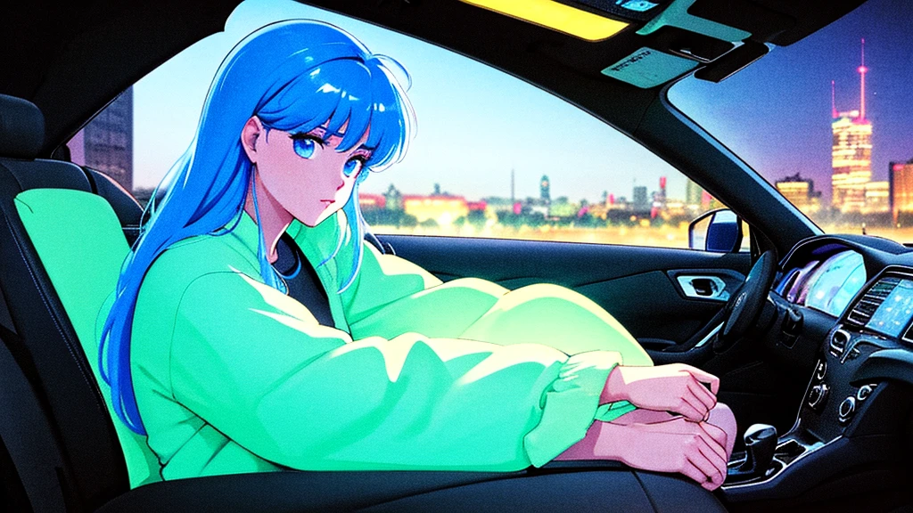 Create an image from the angle inside a car, showing a woman with a thoughtful expression on her face as she gazes out of the side window at the cityscape. The city outside should be visible, illuminated by streetlights and neon signs. Use soft, pastel colors and subtle gradients to capture a dreamy, reflective atmosphere. Ensure the interior of the car feels cozy and comfortable, adding to the overall serene vibe.