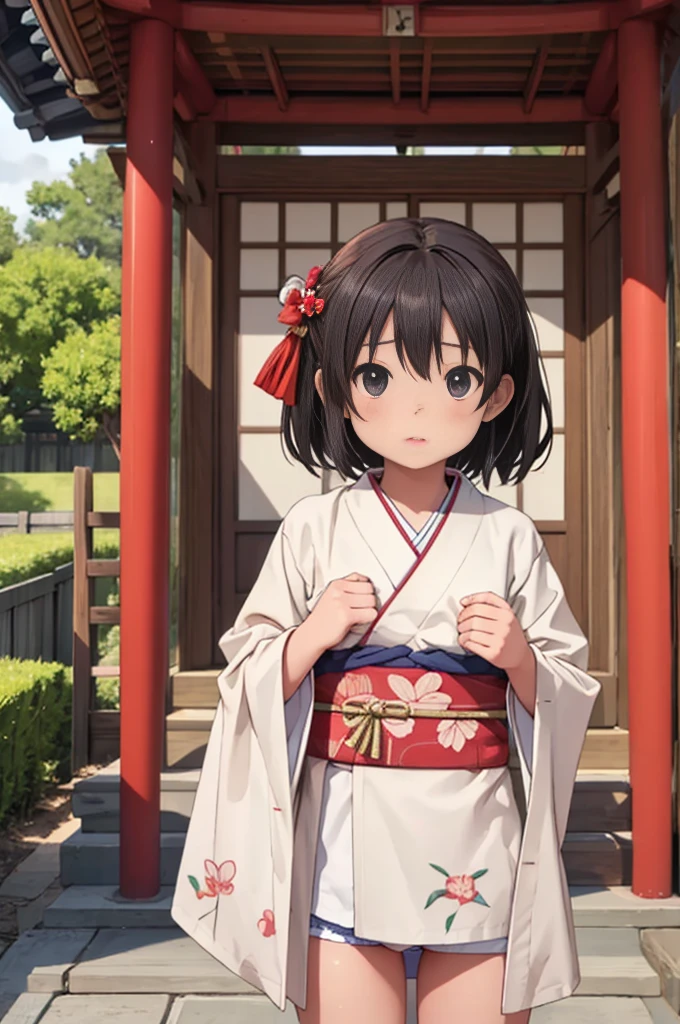 Girls under 8 years old, Height under 100, kimono, Small breasts, Patterned cotton panties, Fabric Real, Black Hair, kimono, Old shrine