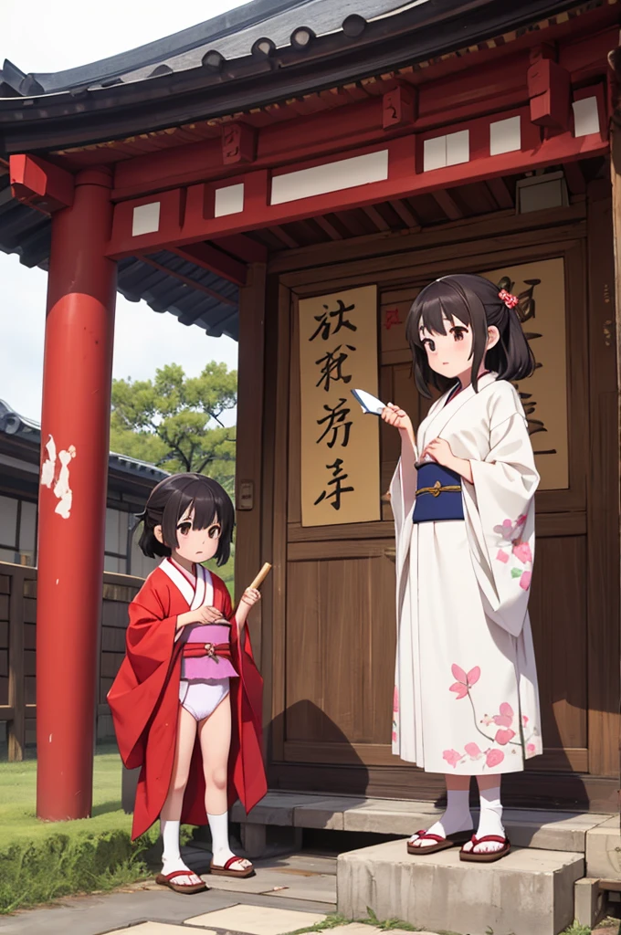 Girls under 8 years old, Height under 100, kimono, Small breasts, Patterned cotton panties, Fabric Real, Black Hair, kimono, Old shrine