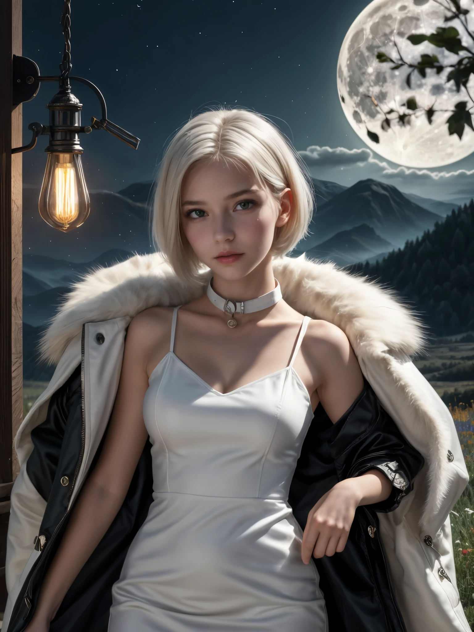 1girl, detailed face, looking at viewer, parted lips, expressive, beautiful intricate body, fine line work, shiny skin, (white short hair:1.2), green taut collared mini dress, fur collar fur-trimmed coat, concept art, expansive landscape, flower field, (full moon:1.2), distant mountain, production art, warm light source, firefly, lamp, purple and orange, intricate details, volume lighting, masterpiece, highest quality, dynamic configuration, colorful, irisdescent, sparkling lighting, atmospheric lighting, dreamy, magical, full breasts, (10yo, cute:1.3), (breasts:1.2),