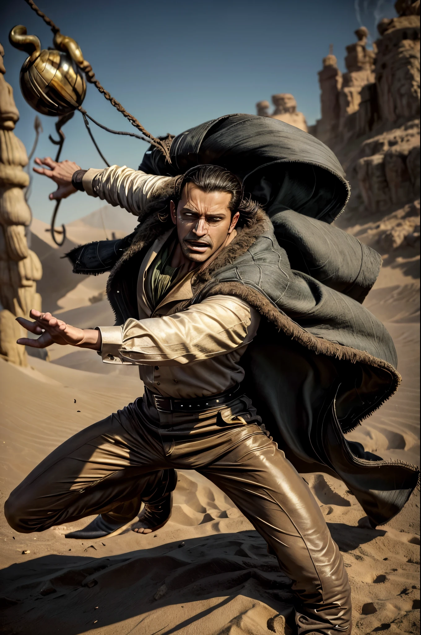 masterpiece, best quality, extremely detailed, hyperrealistic, photorealistic, a cool 40s man, ultra detailed face:1.3, fur-trimmed coat, scarf around the neck, his left hand is a golden pirate hook:1.1, desert, artistic jump, strenuous movements, dynamic angle, break dance, dynamism, from above
