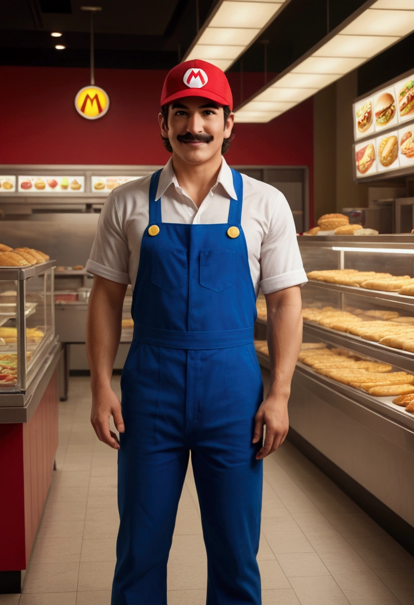 Fast Food Worker, Mario, full body, cinematic still, cinemascope, best quality, masterpiece, very aesthetic, perfect composition, intricate details, ultra-detailed, vivid colors