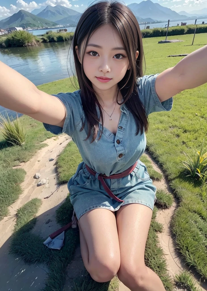 8K, RAW Photos, 最high quality, masterpiece: 1.2)、Selfie、(((A broad perspective)))、A plateau with a distant mountain range、Super fisheye lens、Shooting from above、The face is shown large、Looking at the camera、Full body photo、Green Grass、Blue sky、Raw photo of a beautiful 20-year-old Japanese woman、high quality、More skin、Shiny skin、Clear Face、Cinematography、Sharp focus