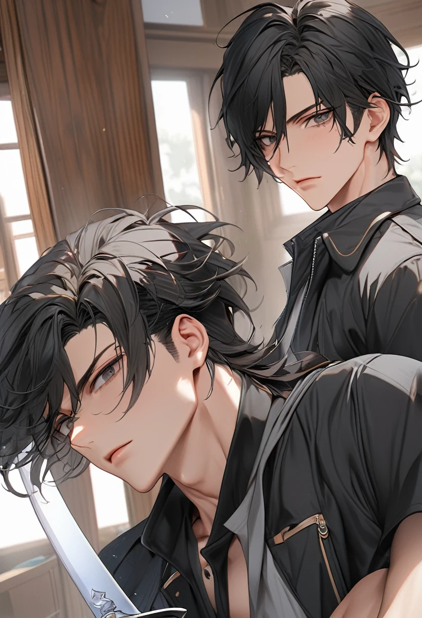 A highschool boy, handsome, perfect body, black hair, short hair, mullet, black eyes, upturned eyes, expressionless, black jacket, anime, first-person view, masterpiece, anatomically correct, high details, highres, best quality, super detail, sword master