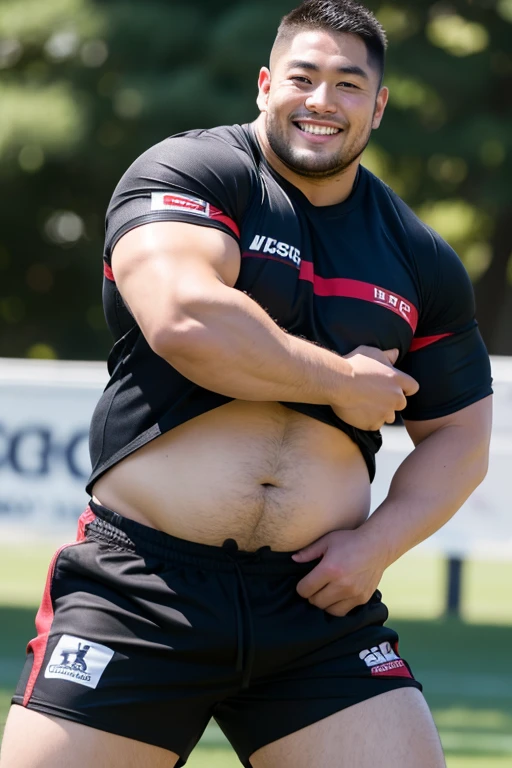 ((highest quality)), ((masterpiece)), (detailed), ((Perfect Face)), 4k, Shaved head, Young Japanese, Muscular, Fat body, Very big man, smile, ((showing off crotch)) A large Japanese man shirtless、whole body、Rugby player、Thick legs、Thick arm muscles、Intimidating、whole body、wearing a very tight black shorts、wearing a very short black shorts, (shirtless)、At the rugby field