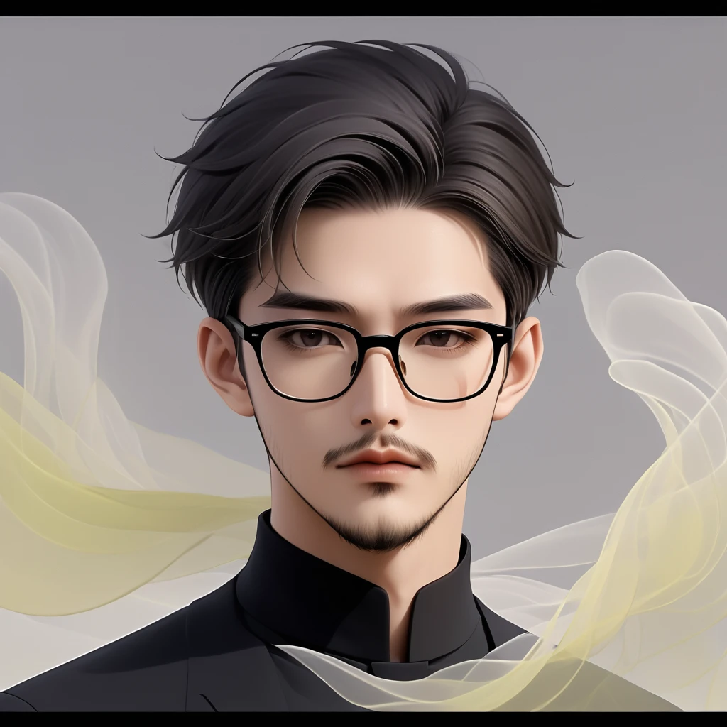 an Asian man with stubble, short beard, short mustache, Beard scum, slightly curly hair, and black square plastic-framed glasses，unique，portrait，artistic conception，abstract，black and gray