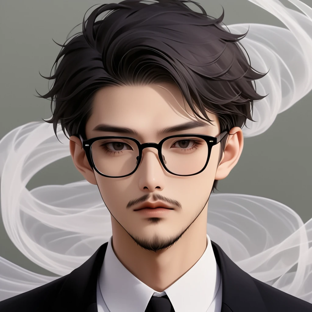 an Asian man with stubble, short beard, short mustache, Beard scum, slightly curly hair, and black square plastic-framed glasses，unique，portrait，artistic conception，abstract，black and gray