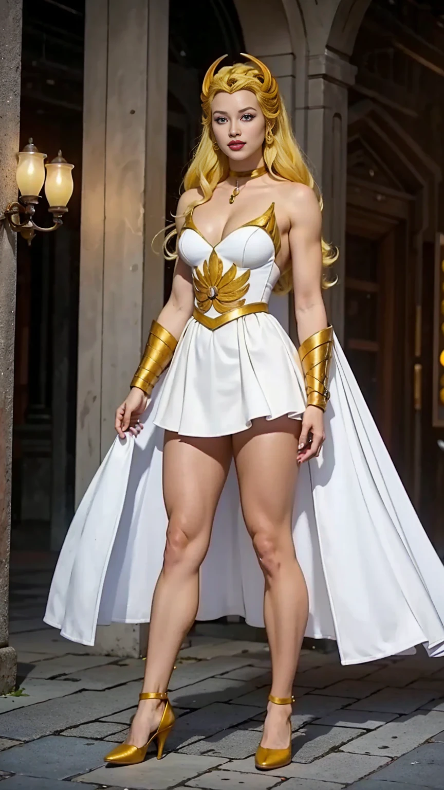 ((Full body photo, standing, on the ground)) raw photo of a 1girl,
blonde, white dress, choker, she_ra, 
Dynamic pose,
smug smile,

tall , (muscular body:1.3), (femenine hands:1.3),

skindentation, narrow waist, thighs, wide hips, half eye close, eyeliner, eyelashes, perfect face, detailed eyes, facial lighting,

looking at viewer (masterpiece, high quality:1.2)