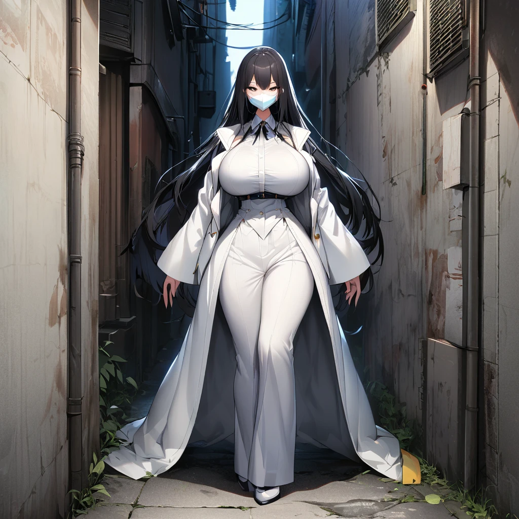 1girl,solo,long hair,black hair color,white mask,White coat,huge breasts,slender,tall person,Alley,looking at viewer,near
