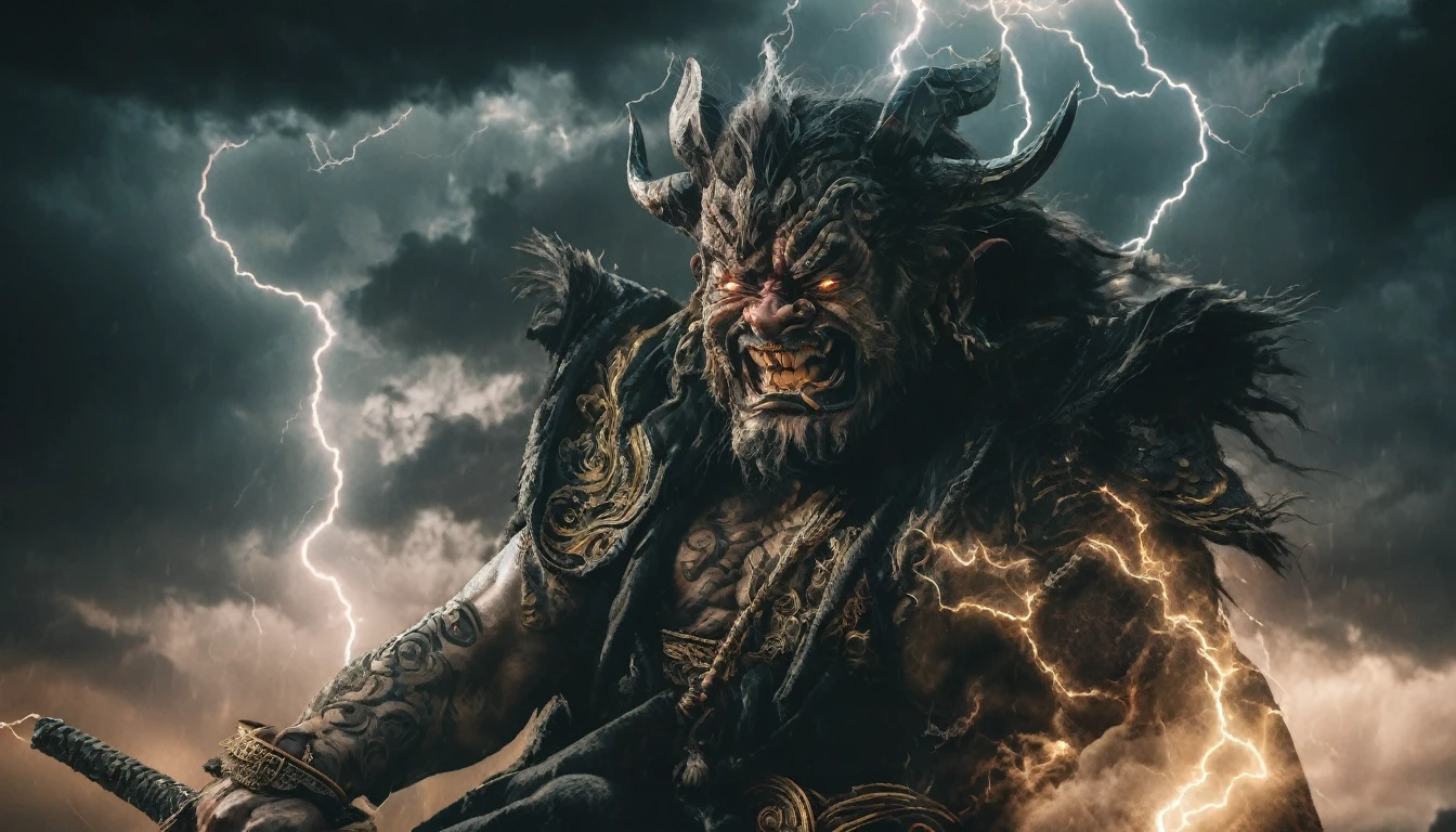 close up frontal face a grotesque and terrifying chinese mythology deity,stormy clouds with lightning and thunder in the background,detailed face and body,cinematic lighting,dark fantasy,chiaroscuro,moody colors,high contrast,dramatic shadows