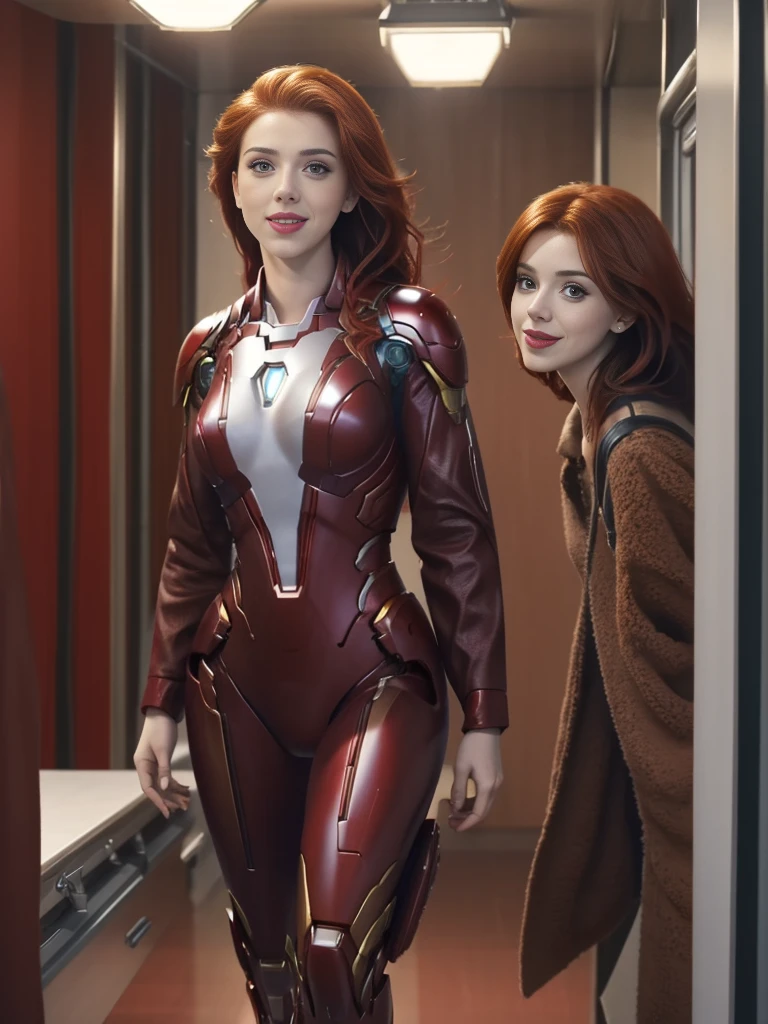 a sexy 28 year old woman, beautiful redhead woman SOPHIE TURNER, detailed eyes, lush lips, flirtatious smile, youthful enthusiasm, standing on the bridge of a starship, dressed as iron man, Walking down the hallway, realist, fotorrealist, 8k, high quality, Masterpiece, studio lighting, extremely detailed.