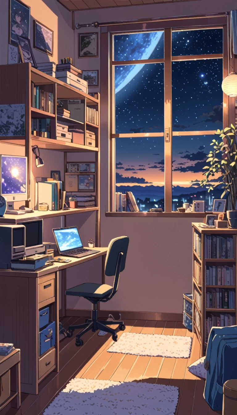 lofi art, style of Laurie Greasley, style of Makoto Shinkai, anime aesthetic, BREAK {illustration of inside room. The interior should be cozy and detailed, featuring bunk beds. small window showing a night sky view, desk, computer, and personal items. Include shelves, storage spaces, The atmosphere should be warm and intimate}