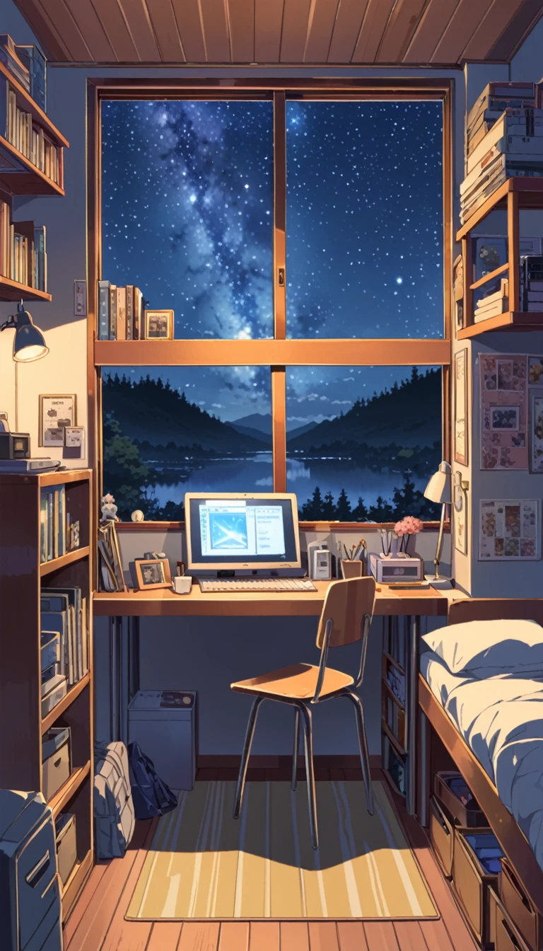 lofi art, style of Laurie Greasley, style of Makoto Shinkai, anime aesthetic, BREAK {illustration of inside room. The interior should be cozy and detailed, featuring bunk beds. small window showing a night sky view, desk, computer, and personal items. Include shelves, storage spaces, The atmosphere should be warm and intimate}