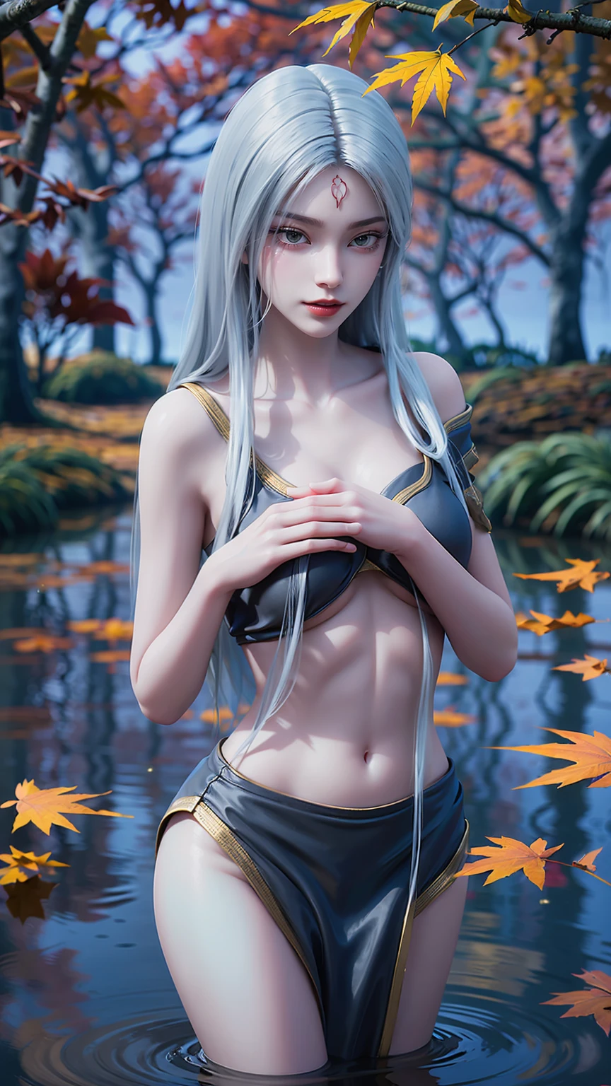 A beautiful young woman bathes in a tranquil lake, The water reached her shoulders., She covered her chest with her hands, Golden maple leaves floating on the water, Soft lighting, Intimate and sensual atmosphere, Very detailed, Composition, Practical, photoPractical