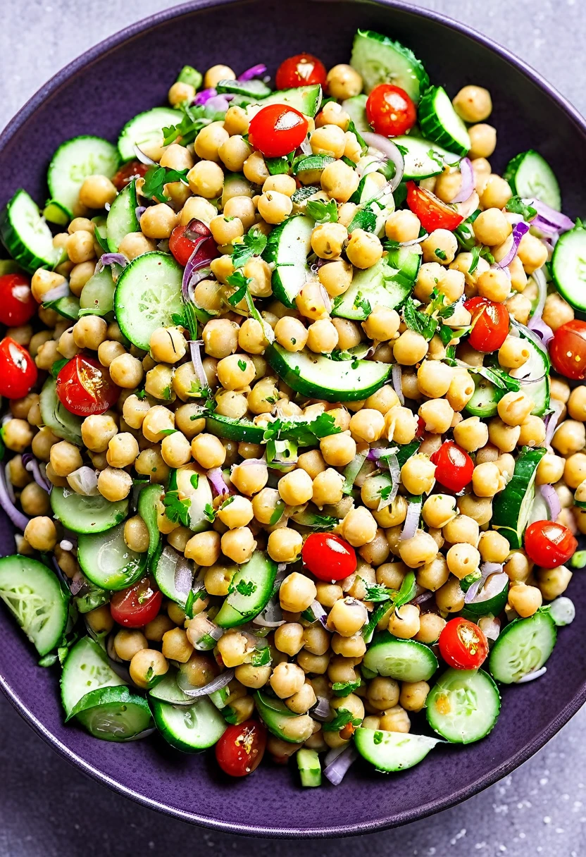 Create a picture of a chickpea salad, mixed with cherry tomatoes, cucumbers, purple Onion, and coriander leaves, seasoned with