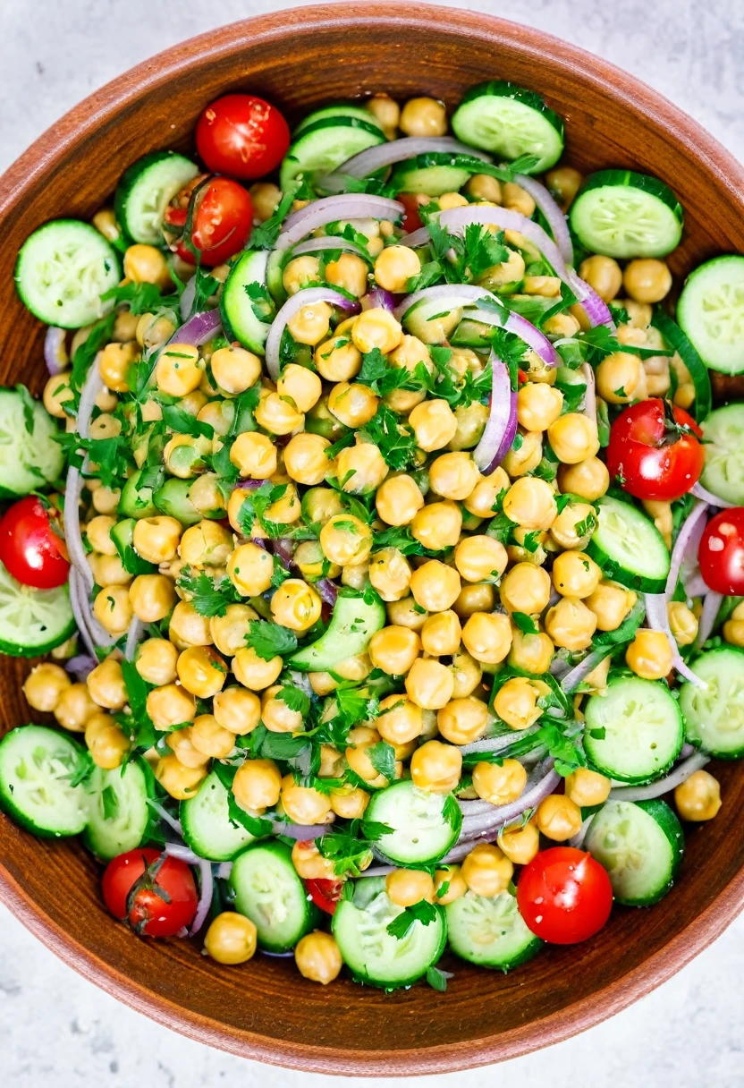 Create a picture of a chickpea salad, mixed with cherry tomatoes, cucumbers, purple Onion, and coriander leaves, seasoned with