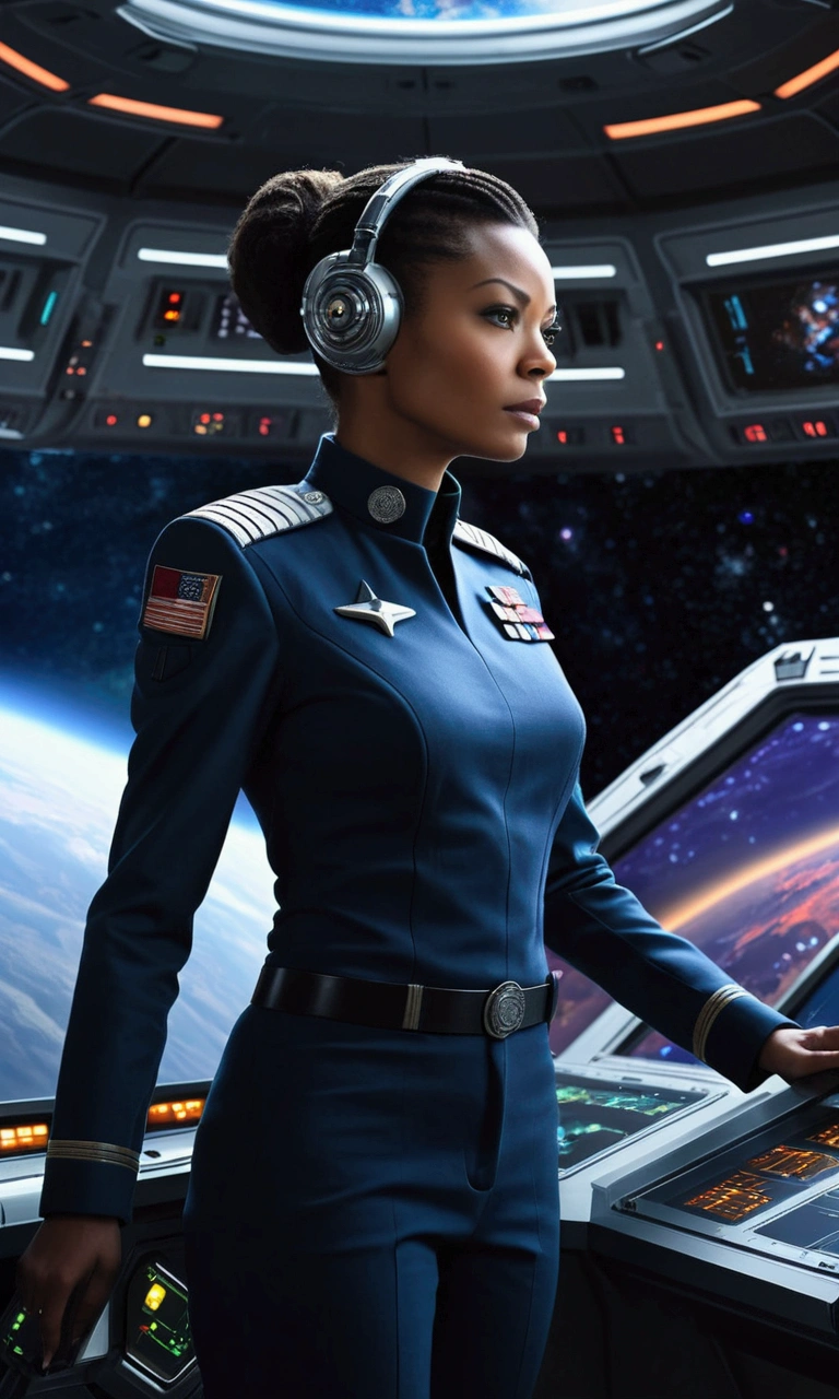 A female Space Navy officer commands her spaceship during a fierce battle. The command deck is filled with high-tech consoles and flickering monitors. Dressed in a sleek uniform, she confidently issuing orders. The background reveals a vast cosmic landscape with a far terrestrial planet