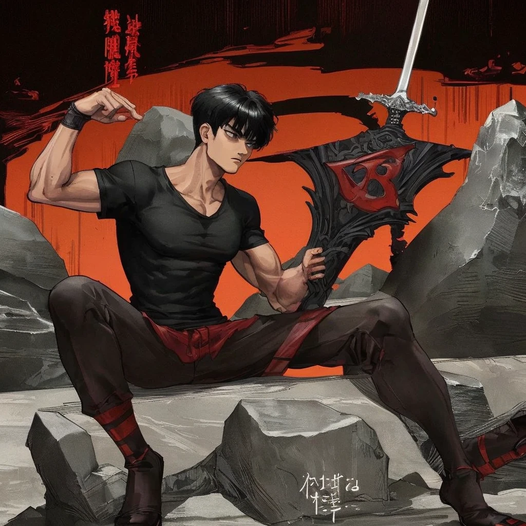 Masterpiece quality, 8K , well crafted details, 1 man , muscular build, In the background , Red stripes , Black background , Sword on the back , black T-shirt , Sits on a stone , inscription on the background (Berserk)
