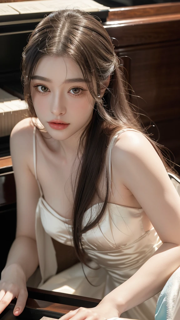 She is wearing a dress. The high-resolution image captures ultra-detailed realism and highlights Athena's seductive eyes, long eyelashes, and smooth skin. She plays the piano.