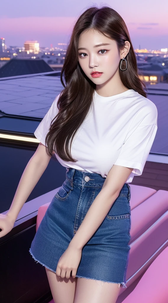((Midnight, Acura, 8K, Masterpiece: 1.3)), Full body, Long legs, Focal length: 1.2, Perfect Body Beauty: 1.4, Slim Abs: 1.1, ((Dark Brown Hair, Big Breasts: 1.2 )), (White Skinny T-shirt, Denim Biggies, Standing: 1.2), ((City Night View, Roof: 1.3)), Highly detailed face and skin texture, Detailed eyes, Double eyelids, skirt pink background sky blue net legs 