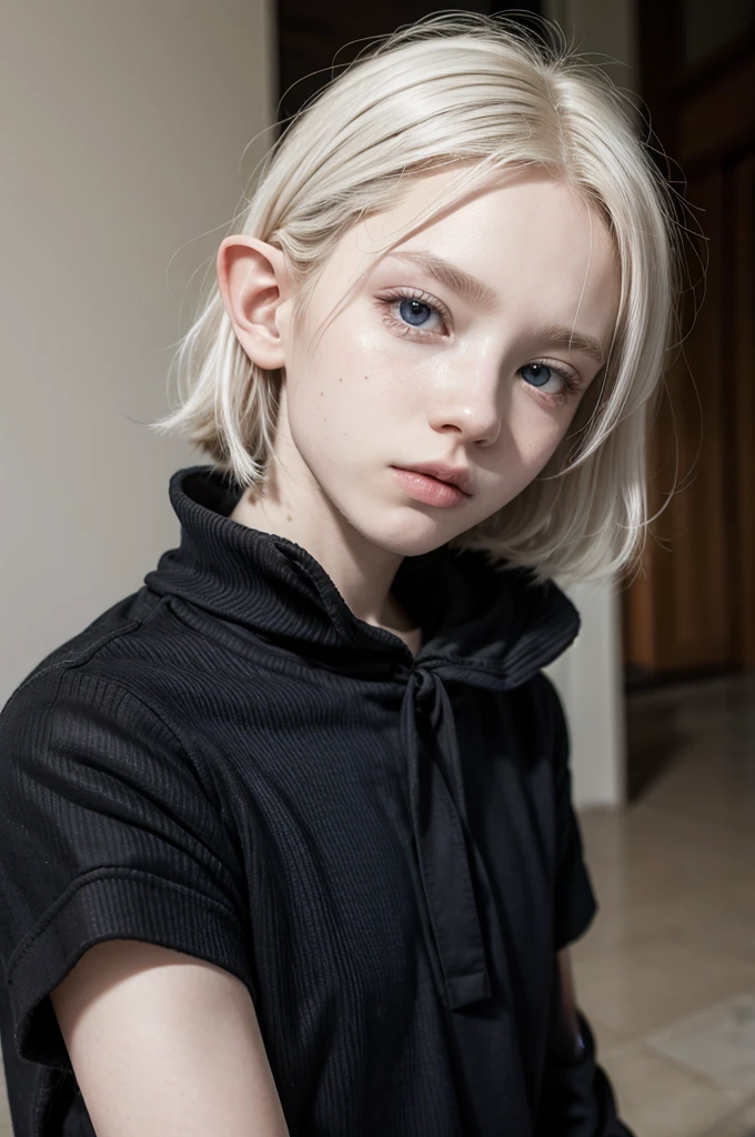 15 year old albino man with elf ears ,medium to long white hair (but not too much), wear y2k style clothes, purples eyes ,a little muscular, But wearing a black long-sleeved blouse, he looks like a 28-year-old boy.
