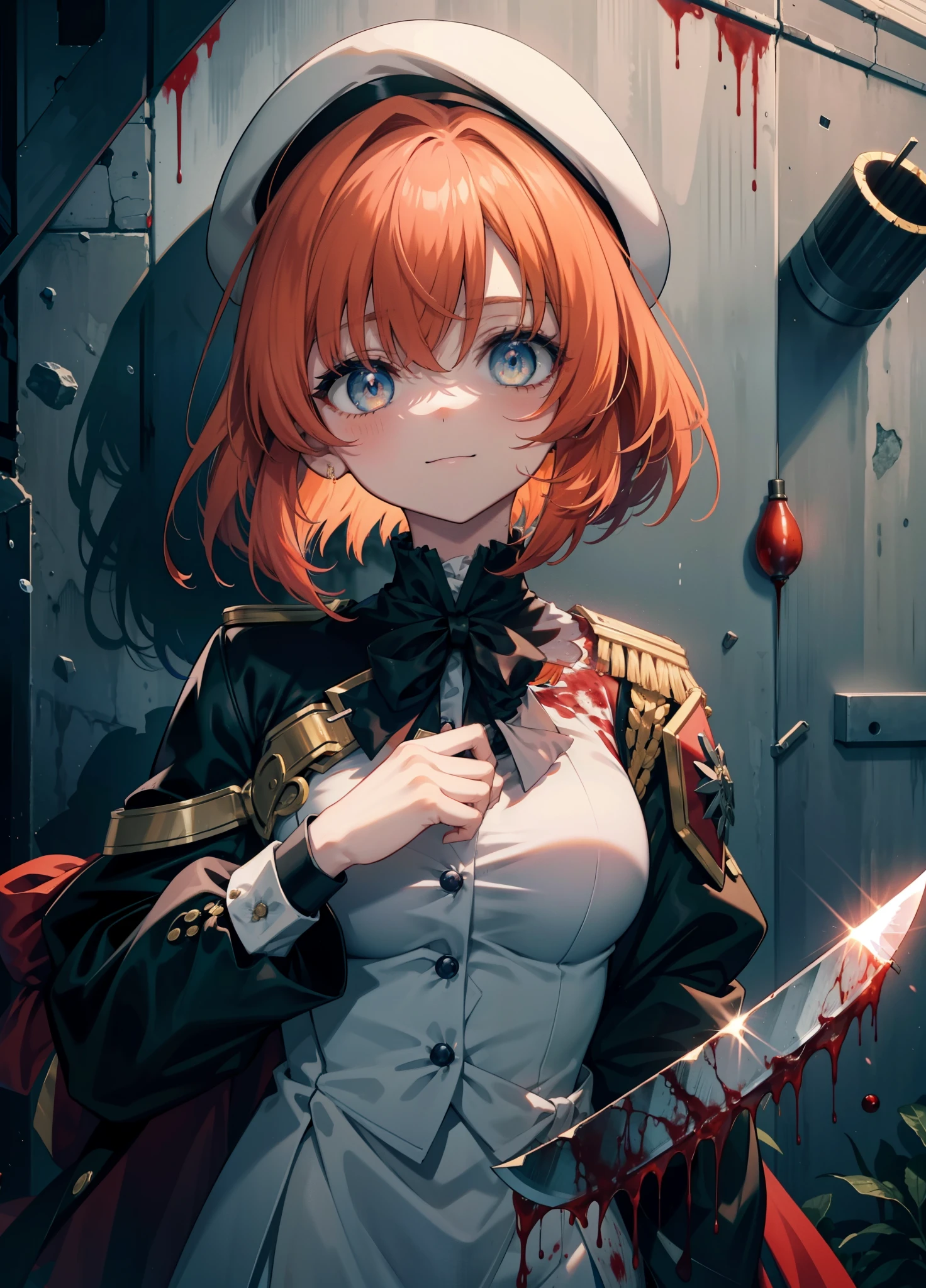 Ryugu Rena, Rena Ryuuguu, Orange Hair, short hair, Hair Blue Eyes, smile, There are still blood stains on the wall,spooky, Dead Eyes,A grinning man holding a Bloodstained knife in one hand.,Bloodstained beret,Bloodstained,Drops of blood,There was blood splattered all over the room..,spooky笑い, Dead Eyes,Psychopath horror,Bloodstained clothes,Drops of blood,spooky,murder scene, Serial killer, bathed in blood,Clothes with blood on them,Bloodstained black suit jacket, Bloodstained collared jacket,Blood stained white dress shirt, Shirt with blood on the collar, Neckline, button, strap, ID card on the neck, Bloodstained 黒色ペンシルスカート,Bloodstained 黒色パンティストッキング,Bloodstained ピンヒール,Big Breasts,holding a Bloodstained knife grip,whole bodyがイラストに入るように,Shadowed face 、
break looking at viewer,whole body,
break indoors, office,
break (masterpiece:1.2), Highest quality, High resolution, unity 8k wallpaper, (shape:0.8), (Fine and beautiful eyes:1.6), Highly detailed face, Perfect lighting, Highly detailed CG, (Perfect hands, Perfect Anatomy),