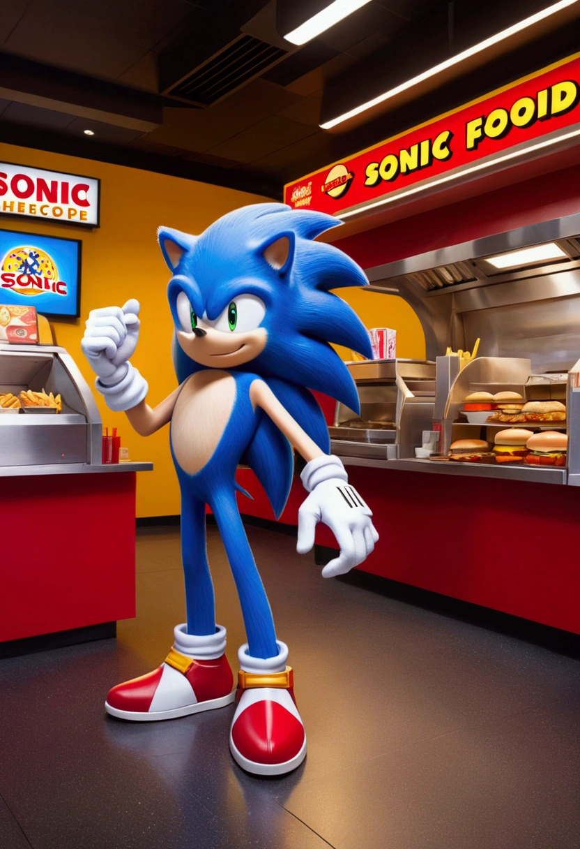 a Fast Food Worker, Sonic the Hedgehog, full body, cinematic still, cinemascope, best quality, masterpiece, very aesthetic, perfect composition, intricate details, ultra-detailed, vivid colors